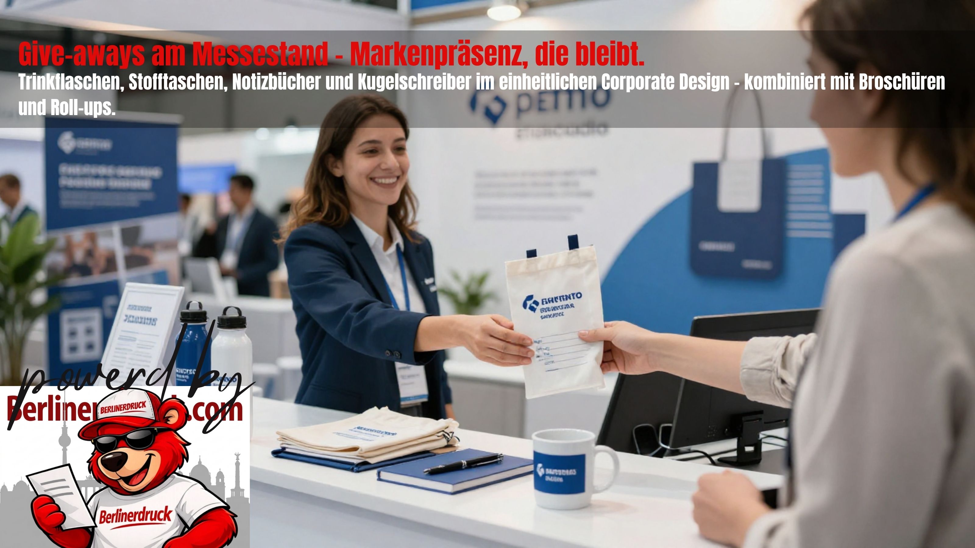 Give-aways mit Werbewirkung professionell gestalten. Berliner Druck – Ihre Online-Druckerei für bedruckte Werbeartikel, Messedrucksachen und Eventmarketing.