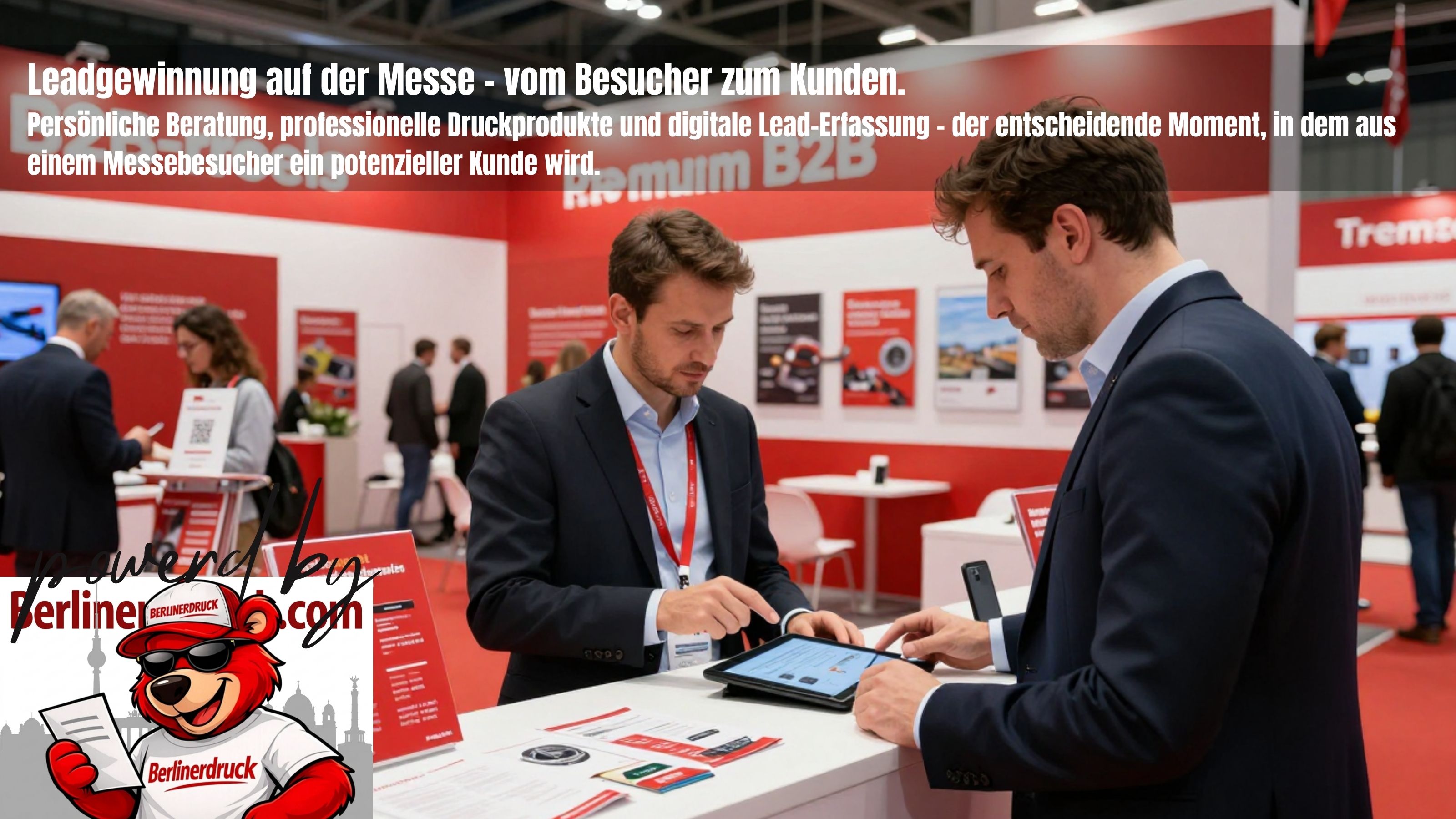 Erfolgreiche Leadgewinnung am Messestand. Berliner Druck – Ihre Online-Druckerei für Messedrucksachen, Roll-ups und Werbemittel in ganz Deutschland.