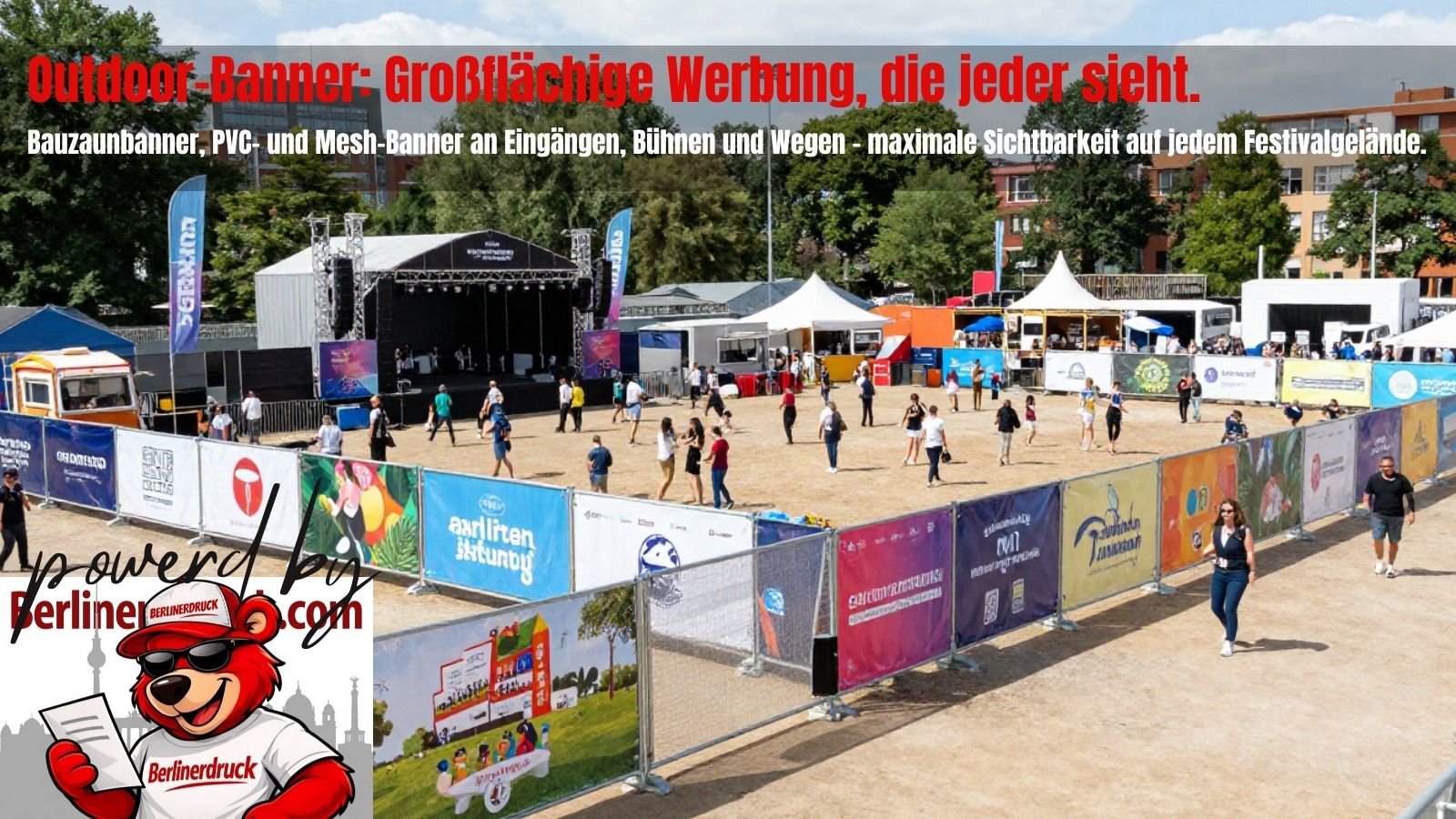 Outdoor-Werbebanner sorgen bei Sommerveranstaltungen für maximale Sichtbarkeit. Ideal für Festivals, Stadtfeste, Konzerte und Firmenevents.