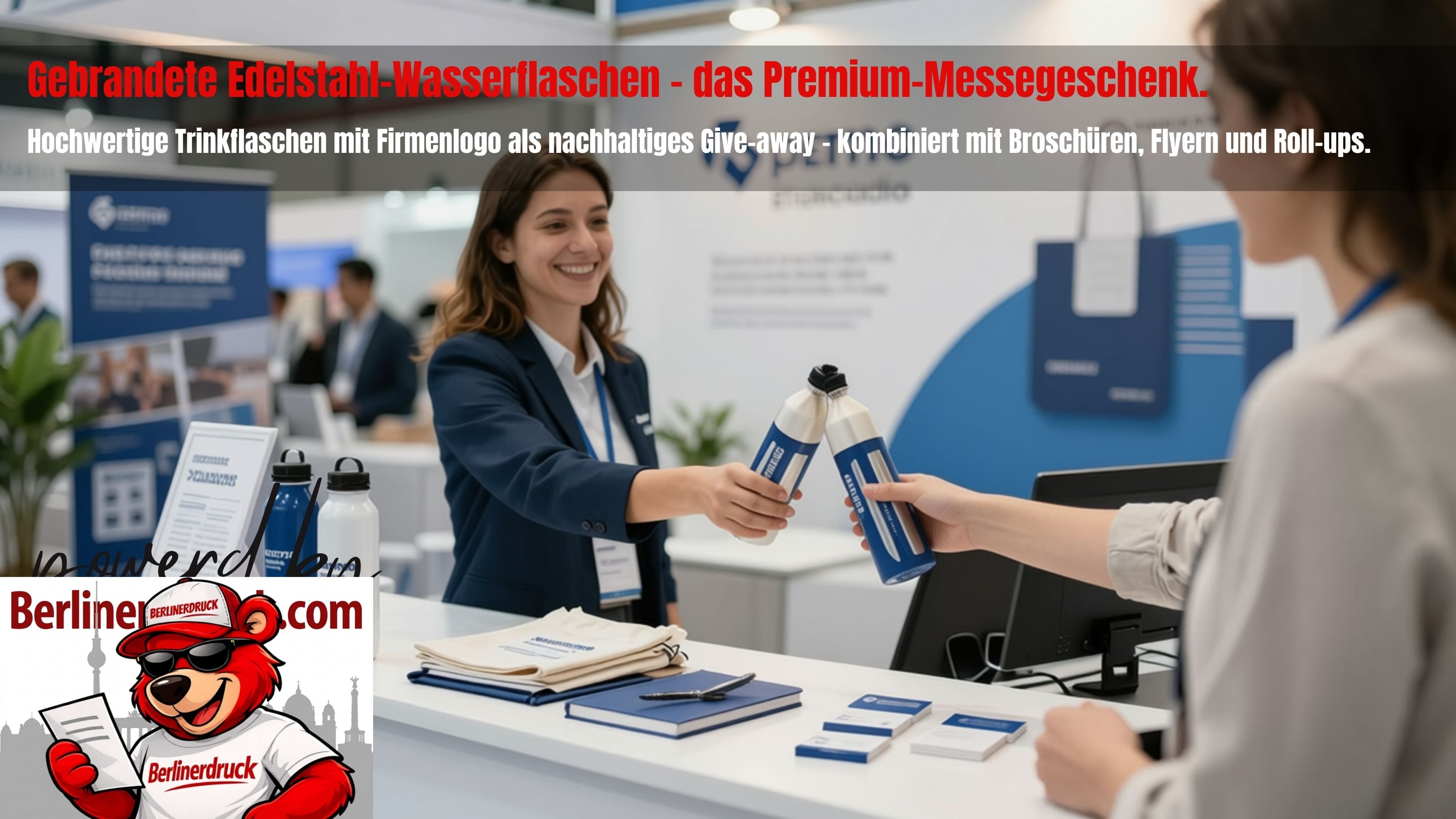 Bedruckte Wasserflaschen als Messegeschenk. Berliner Druck – Ihre Online-Druckerei für nachhaltige Werbeartikel und Messedrucksachen in ganz Deutschland.