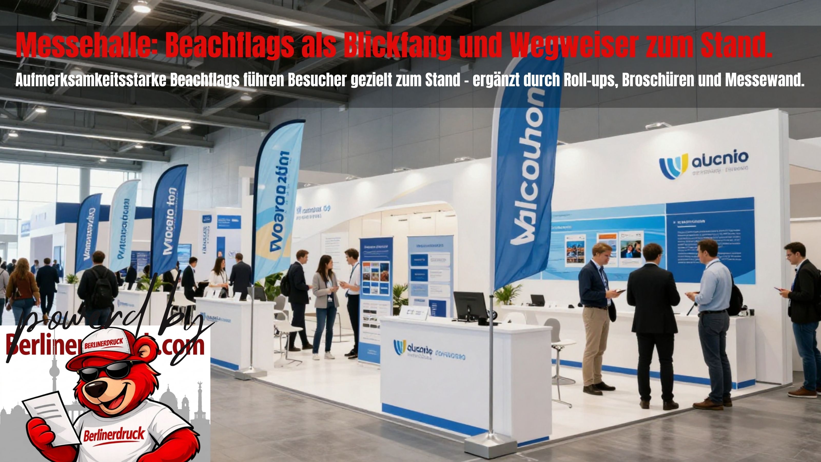 Beachflags für Messehallen professionell drucken. Berliner Druck – Ihre Online-Druckerei für Beachflags, Messedrucksachen und Werbetechnik in ganz Deutschland.