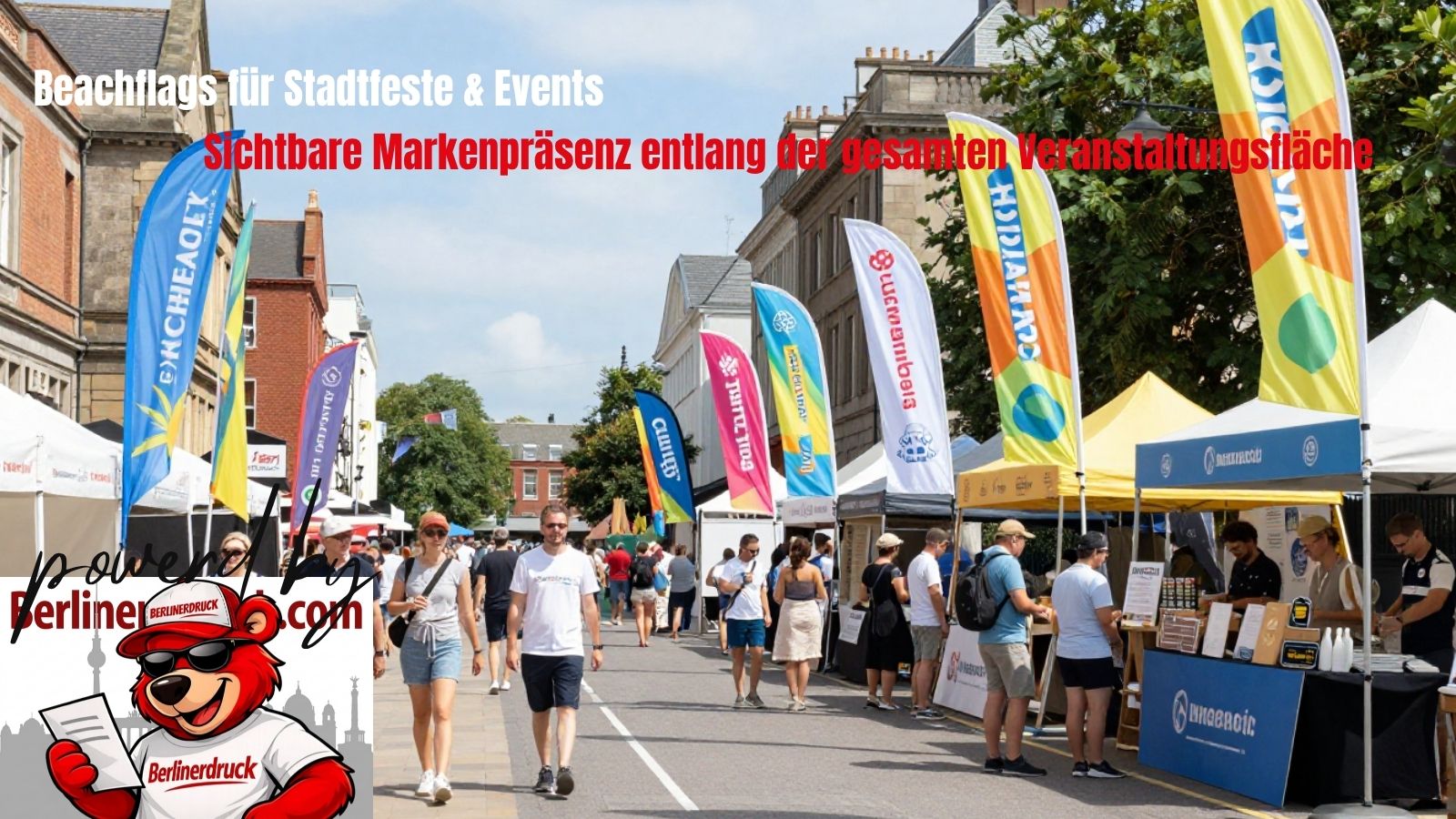 Beachflags für Stadtfeste und Straßenfeste zur Steigerung von Sichtbarkeit und Markenpräsenz Professionelle Beachflags als Werbeflächen für Events, Stadtfeste und Outdoor-Veranstaltungen