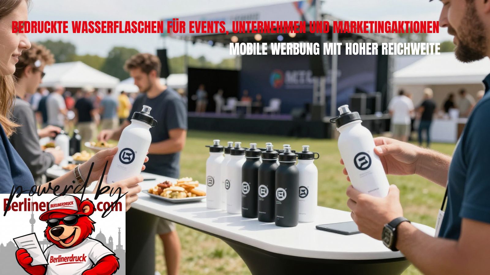 Bedruckte Wasserflaschen für Events, Unternehmen und Marketingaktionen mit hoher Werbewirkung Individuelle Wasserflaschen mit Logo als mobile Werbung für Veranstaltungen und Promotion