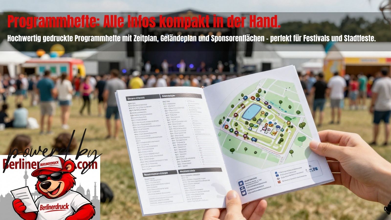 Programmhefte professionell drucken lassen für Festivals, Konzerte, Messen und Vereinsfeste. Ideal für Besucherinformation und Sponsorenpräsentation.