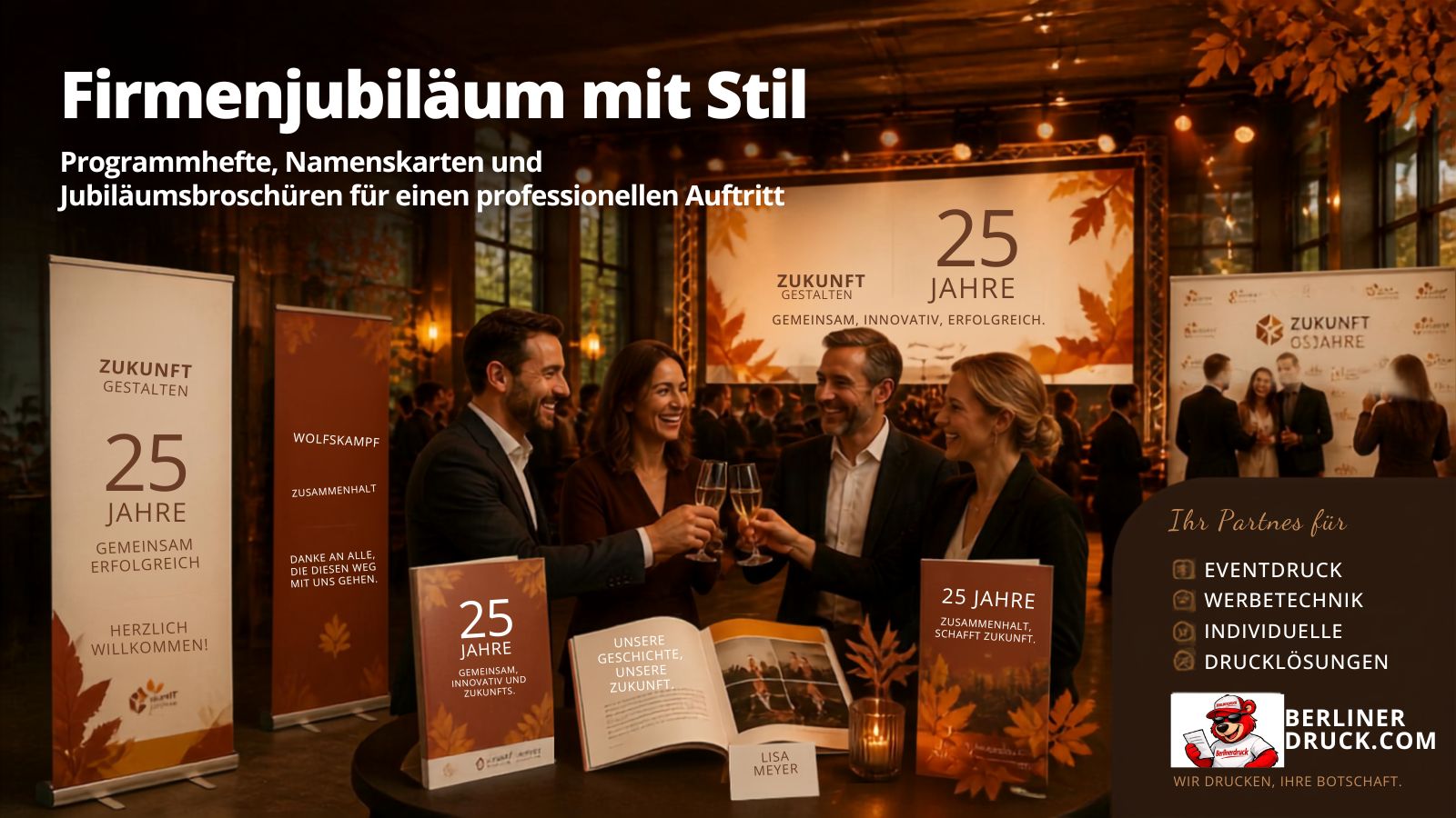 Druckprodukte für Firmenjubiläen professionell gestalten. Berliner Druck – Ihre Online-Druckerei für Einladungen, Banner, Broschüren und Eventdrucksachen.